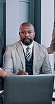 Business, people and laptop with brainstorming in meeting for budget insight, risk management or discussion. Financial manager, team or negotiation on company investment account or feedback in office