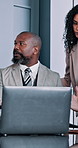 Business, people and laptop with discussion in meeting for finance insight, investment management and planning. Financial manager, team and feedback on company account and sales performance in office