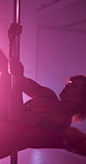 Night, sexy and pole dancing with woman in club for stripper, exotic performance and neon light. Lingerie, seductive and go go dancer with person in studio for burlesque, entertainment and stage