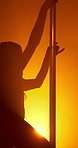 Woman, silhouette and dancer on pole for private performance, VIP party or exotic art in strip club. Night, performer and sensual movement dancing in lingerie for entertainment, show or burlesque