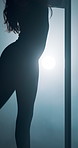 Sexy, night and silhouette with dancer at club for exotic performance, burlesque and entertainment. Sensual, pole dancing and light with woman in studio for movement, stripper tease and stage