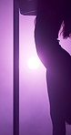 Sexy, silhouette and woman with pole dancing at club for exotic performance, burlesque and entertainment. Sensual, private dancer and light with person in studio for movement, stripper tease or stage