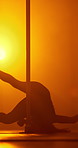 Silhouette, entertainment and woman with pole dancing in nightclub for VIP party or exotic choreography. Stripper, burlesque and female dancer with sensual movement with neon light at event.
