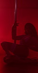 Sexy, dancer and night with woman at club for exotic performance, burlesque and entertainment. Sensual, pole dancing and light with female person in studio for movement, stripper tease and stage