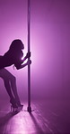 Silhouette, party and woman with pole dancing in nightclub for VIP entertainment or exotic choreography. Performance, burlesque and female dancer with sensual movement with neon light at event.