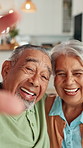 Senior couple, face and selfie in home for love, happy memories and commitment in relationship. Mature people, pov and laughing in living room for portrait, social media and comfort in retirement