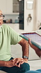 Home, talking and nurse with old man on tablet for telehealth, online results and medical support. Retirement, listen and senior patient with caregiver on digital tech for help, diagnosis or service