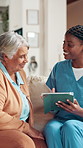Happy, tablet and nurse with senior woman for online help, telehealth and medical support. Home, retirement and caregiver with mature person on digital tech for website, good results and diagnosis