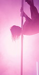 Entertainment, performance and woman with pole dancing in nightclub for VIP party or exotic choreography. Stripper, burlesque and female dancer with sensual movement with neon light at event.