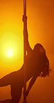 Pole dancing, performance and woman in night club with neon light for flexible stripper with spin. Erotic dancer, sexy person and moving to music for burlesque, sensual art and exotic entertainment