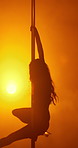 Pole dancing, performance and sexy woman in night club with neon light for flexible stripper with spin. Erotic dancer, sensual person or moving with balance for burlesque, art or exotic entertainment