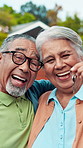 House keys, happy and face of senior couple outdoor of new home with bonding, pride and marriage. Smile, love and  portrait of elderly people with property investment for retirement together.