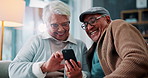 Conversation, phone and retirement with senior couple on sofa in living room of home together. Happy, laughing or meme with old man and woman bonding in apartment for relax, romance or social media