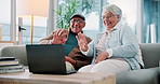 Laptop, retirement and video call with senior couple on sofa in living room of home together. Computer, happy or wave with old man and woman in apartment for relationship, relax or virtual chat