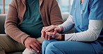 Consulting, empathy and hands of nurse with patient in retirement home for assisted living or support. Comfort, healthcare or medical with caregiver and senior person closeup in apartment for trust