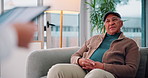Advice, support or tablet with patient and therapist on sofa in clinic for consulting or help. Counseling, healthcare or medical with counselor and senior man in office for anxiety or psychology