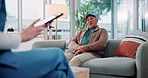 Talking, old man and nurse with tablet, retirement and info for therapy on app, hands and healthcare. Mental health, people and caregiver with elderly patient in nursing home, tech and consultation
