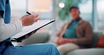 Advice, clipboard or counseling with patient and therapist on sofa in clinic for consulting or help. Healthcare, medical or writing with counselor and senior man in office for anxiety or psychology