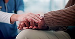 Consulting, empathy or holding hands with nurse and patient in retirement home for assisted living. Healthcare, medical or support with caregiver and senior person closeup in apartment for consulting