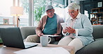 Calculator, clipboard and laptop with old couple on sofa in living room of home together. Budget, computer or finance with senior man and woman in apartment for insurance, investment or savings