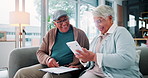 Calculator, clipboard and finance with senior couple on sofa in living room of home together. Budget, computer or documents with old man and woman laughing in apartment for insurance or investment