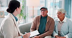 Budget, consulting and senior couple with financial advisor on sofa in living room of home. Clipboard, finance or pension with broker, old man and woman in apartment for insurance or investment