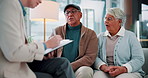 Consulting, finance and senior couple with financial advisor on sofa in living room of home. Budget, clipboard or writing with broker, old man and woman in apartment for insurance or investment