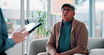 Senior man, talking and therapist with notes on tablet for counseling for mental health in retirement. Patient, people or psychologist with communication and tech for advice or help in consultation