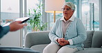 Senior woman, stress and therapist with notes on tablet for counseling for mental health in retirement. Patient, people or psychologist with communication and tech for advice or help in consultation