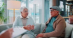 Conversation, senior couple and stress with financial advisor on sofa in living room of home. Budget, concern or consulting with broker, old man and woman in apartment for insurance or investment