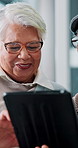 Happy woman, old couple and laughing with tablet for funny movie, entertainment or online streaming. Elderly people, person and pensioner with smile for comedy, humor or joke in living room in home