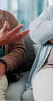 Argument, conflict and hands with senior couple in living room of home for marriage disagreement. Anger, frustration and stress with unhappy old people in apartment for discussion or problem solving
