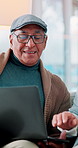 Home, laptop and old couple with smile, love and bonding together with connection. Apartment, happy senior man and mature woman in lounge, computer and funny with online comedy, movie and humor