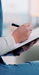 Nurse, hands and closeup with clipboard for health insurance paperwork, medical aid application or consent form. Healthcare, policy info and person with pen for surgery checklist or evaluation survey