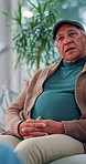 Nursing home, clipboard and senior man in consultation for help, support or hands writing rehabilitation notes. Patient, retirement and listen to caregiver on sofa with checklist for medical health