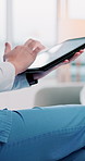 Nurse, caregiver and hands with typing on tablet for patient record update, schedule or telehealth app for healthcare. Email, online medical advice or feedback, person and tech for medicine database