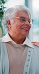 Smile, senior woman and laugh for consultation with discussion, healthcare comfort and good news. Happy, elderly person and talking for medical feedback, wellness advice and nursing support at house