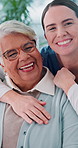 Elderly woman, face and caregiver with hug for support, assisted living and care in retirement home. Senior person, nurse and happy in lounge for healthcare, relationship development and consultation