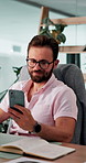 Business man, phone and typing for communication in creative office for email, texting or feedback. Technology, reading and employee on mobile app with internet at workplace with social media message