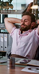 Calm, businessman and stretching at office for break, completion or finished tasks on desk. happy man, employee or rest with smile in comfort for productive day, done or stress relief at workplace