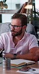 Business man, writing notes and planning with checklist, schedule and update in office. Accountant, agenda and notebook with financial reminder, information report and brainstorming ideas for audit
