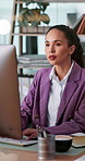 Computer, typing and research with business woman in office for editor in chief, publisher and proofreading article. Journalist report, creative copywriting and planning with person in media agency