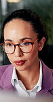 Business, woman and reading in office for research, check company proposal or analysis for project management. Email, review and computer for administration, female person and corporate solution 