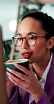 Business, woman and reading computer with coffee for article inspiration, story review and editor feedback. Journalist, employee and morning caffeine for publication draft, blog research and insight