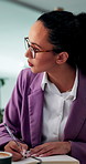 Business woman, writing notes and planning with checklist, schedule and update in office. Accountant, agenda and notebook with financial reminder, information report and brainstorming ideas for audit