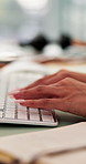 Typing, research and hands of business woman in office for email marketing, lead generation or client information. Computer, keyboard and customer feedback with closeup of person in agency for report