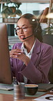 Business woman, consultant or talking with headset on computer for online communication or advice. Female person, agent or virtual assistant with mic or technology for customer service at call center