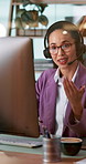 Happy woman, consultant or talking with headset on computer for online communication or advice. Female person, agent or virtual assistant with mic or technology for customer service at call center