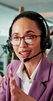 Happy woman, agent or consulting with headset for online communication or advice at call center. Female person, consultant or virtual assistant with mic or technology for customer service at office
