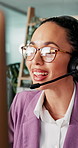 Business woman, agent or consulting with headset for online communication or advice at call center. Female person, consultant or virtual assistant with mic for customer service or help at office